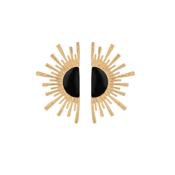 Rising Sun Enamel Black Earrings: 18K Gold Plated