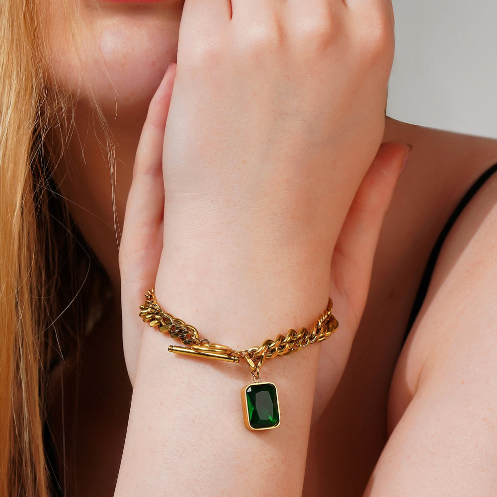 Emerald Green Stone Gold Bracelet: 18K Gold Plated