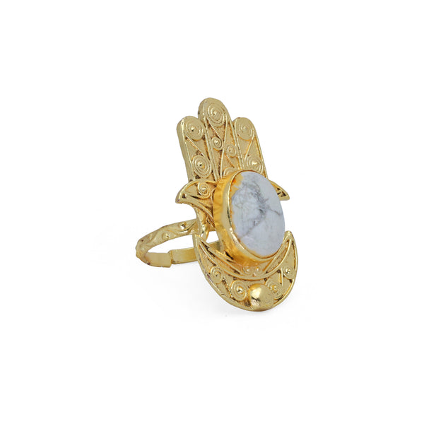 Hamsa Ring with White Stone: 18K Gold Plated