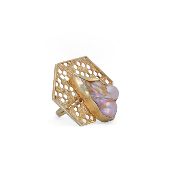 Honey Comb Ring With White Stone:  18K Gold Plated