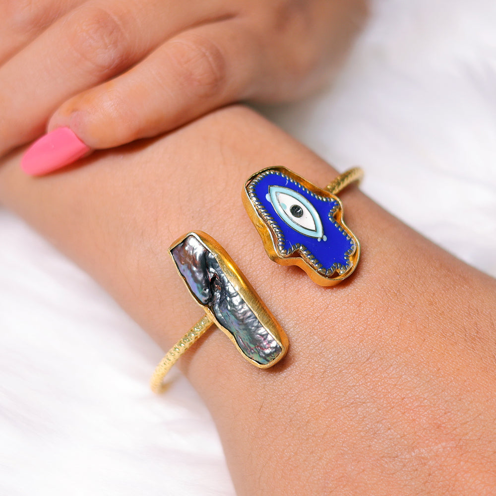 Hamsa Evil Eye Bracelet in Brass: 18K Gold Plated