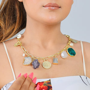 Natural Stone Coin Statement Charm Necklace: 18K Gold Plated