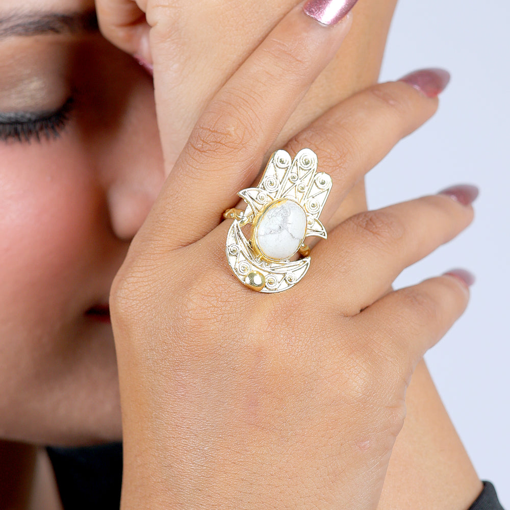Hamsa Ring with White Stone: 18K Gold Plated