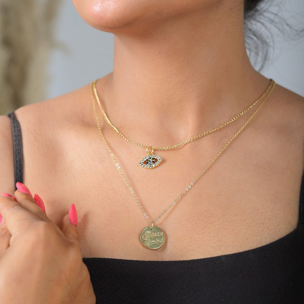 Evil Eye Coin Charm Two Rows Necklace: 18K Gold Plated