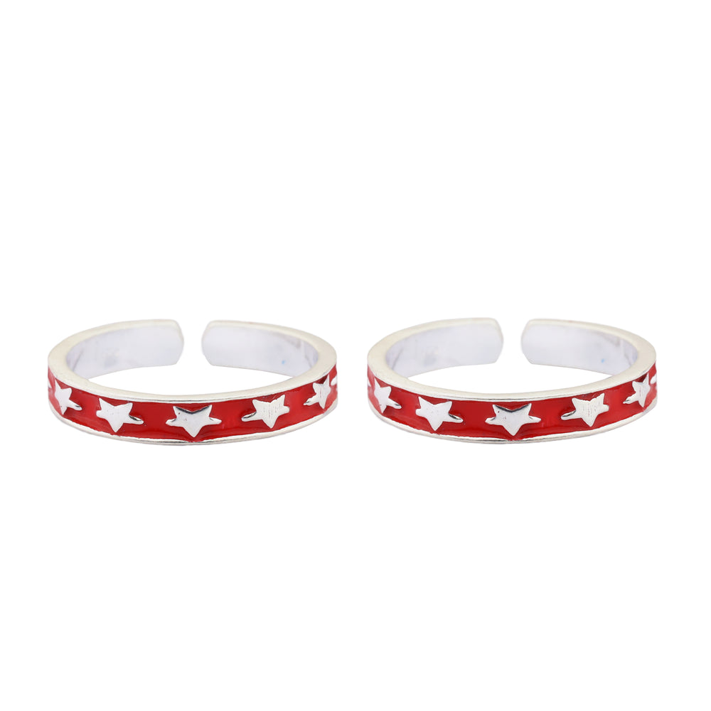 Red Stars Adjustable Silver Toe Ring: 925 Sterling Silver