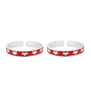 Red Stars Adjustable Silver Toe Ring: 925 Sterling Silver