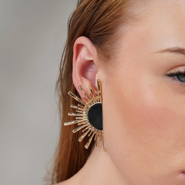 Rising Sun Enamel Black Earrings: 18K Gold Plated