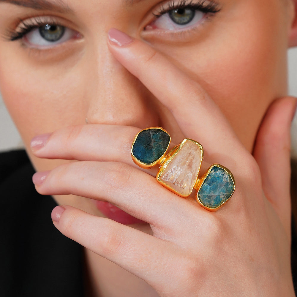 Multi Colour Three stone Adjustable Ring: 18K Gold Plated