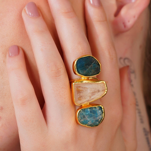 Multi Colour Three stone Adjustable Ring: 18K Gold Plated
