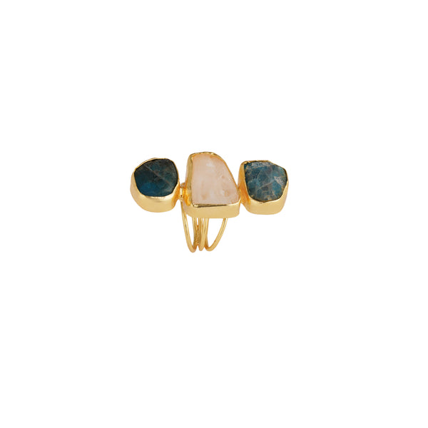 Multi Colour Three stone Adjustable Ring: 18K Gold Plated