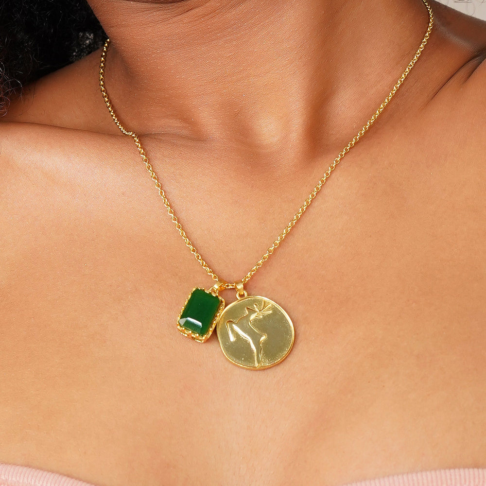 Green Stone Charm Pendant: 18K Gold Plated