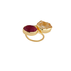 Red Stone Brass Ring: 18K Gold Plated