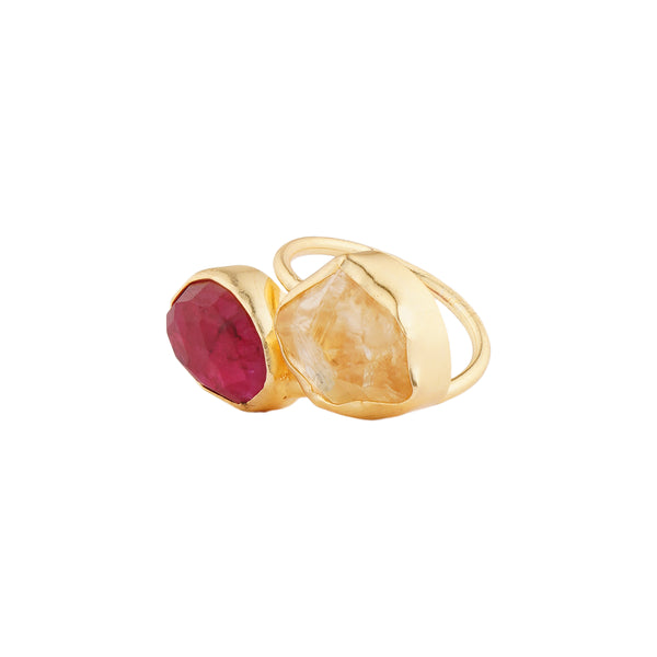 Red Stone Brass Ring: 18K Gold Plated