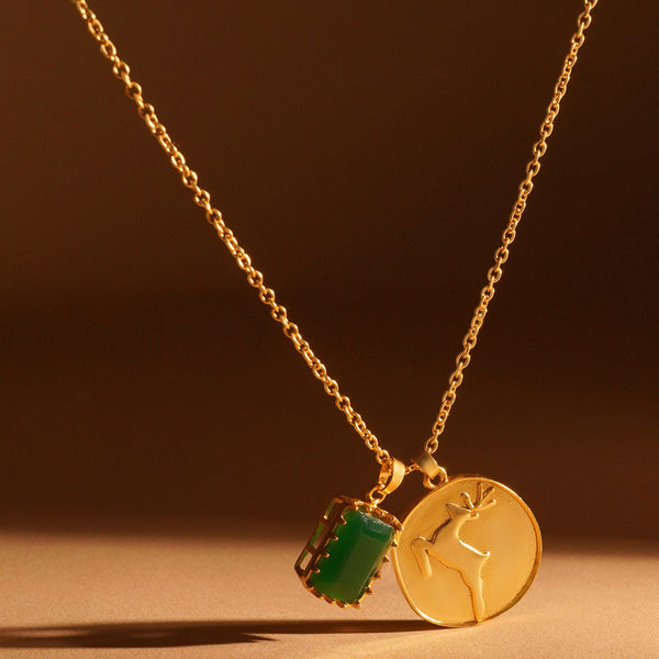 Green Stone Charm Pendant: 18K Gold Plated