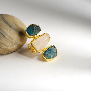 Multi Colour Three stone Adjustable Ring: 18K Gold Plated