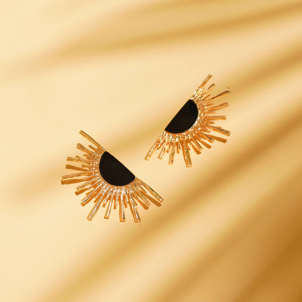 Rising Sun Enamel Black Earrings: 18K Gold Plated
