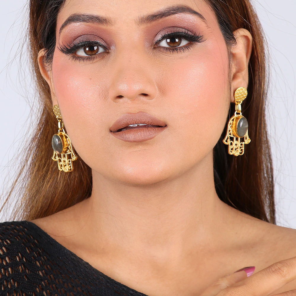 Black Hand Stone Earrings: 18K Gold Plated