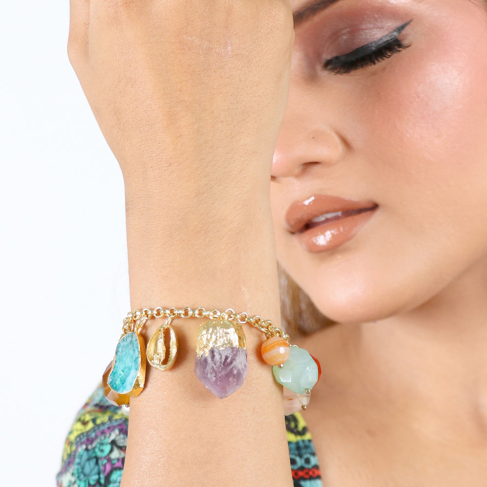 Natural Stone Multi-coloured Charm Bracelet: 18K Gold Plated