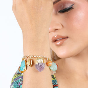Natural Stone Multi-coloured Charm Bracelet: 18K Gold Plated
