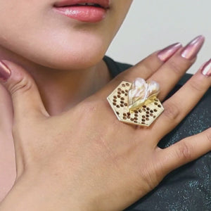 Honey Comb Ring With White Stone:  18K Gold Plated