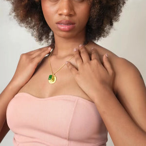 Green Stone Charm Pendant: 18K Gold Plated