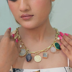 Natural Stone Coin Statement Charm Necklace: 18K Gold Plated
