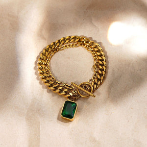 Razare Braclet Emerald Green Stone Gold Bracelet: 18K Gold Plated