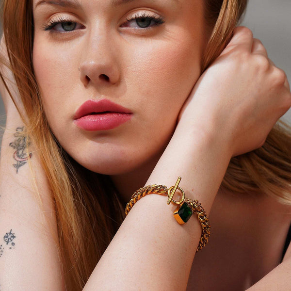 Razare Braclet Emerald Green Stone Gold Bracelet: 18K Gold Plated
