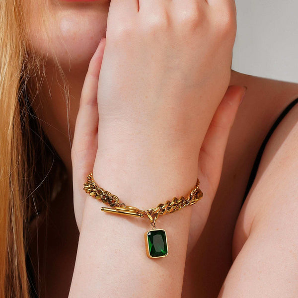 Razare Braclet Emerald Green Stone Gold Bracelet: 18K Gold Plated