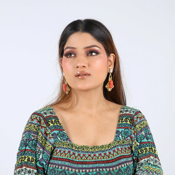 Razare Earrings Red stone Carved Earrings: 18K Gold Plated