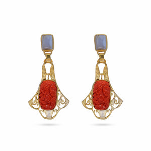 Razare Earrings Red stone Carved Earrings: 18K Gold Plated