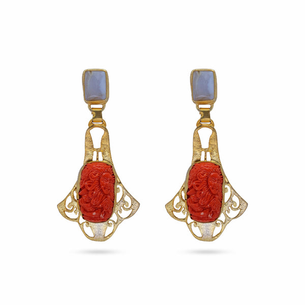 Razare Earrings Red stone Carved Earrings: 18K Gold Plated