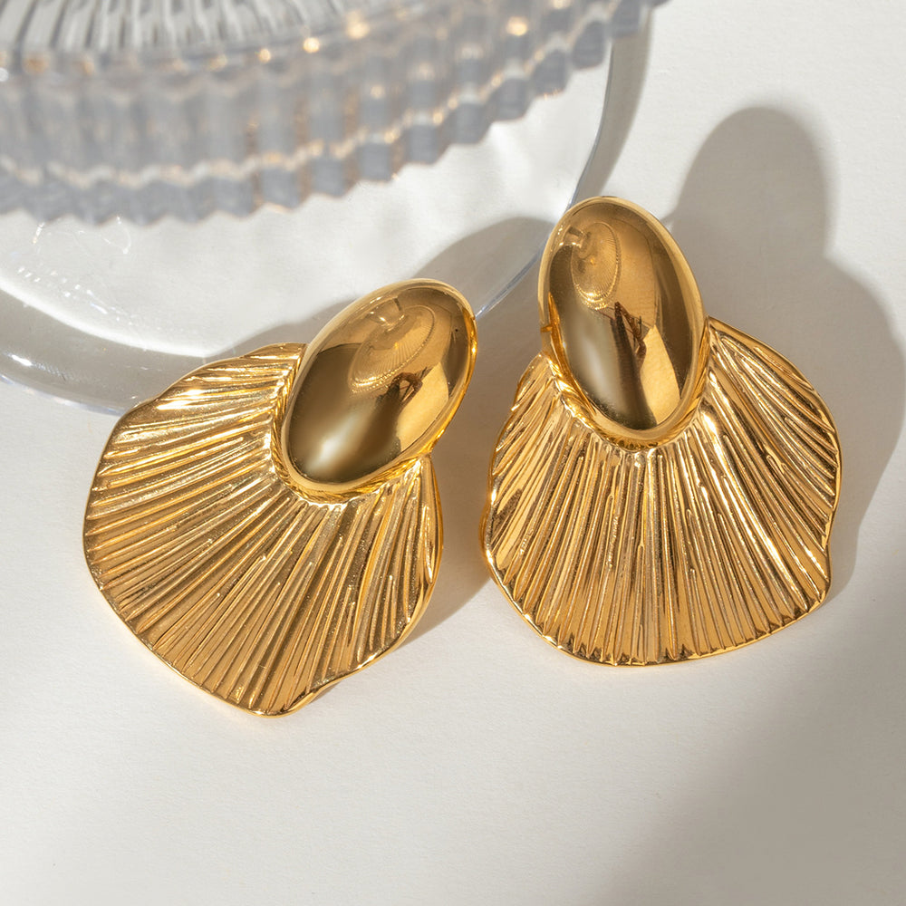 Razare Earrings Teesta Gold-Plated Shell Statement Earrings for Women | Vintage Fan Design Studs | Trendy Party & Daily Wear Jewelry