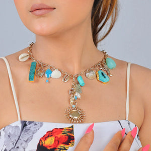 Razare Necklace Blue Multi-Charm Necklace with Sun Pendant: 18K Gold Plated