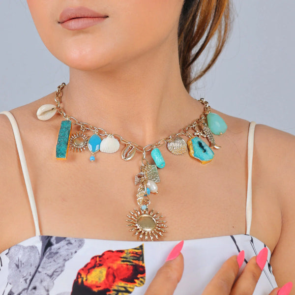 Razare Necklace Blue Multi-Charm Necklace with Sun Pendant: 18K Gold Plated