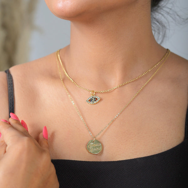 Razare Necklace Evil Eye Coin Charm Two Rows Necklace: 18K Gold Plated