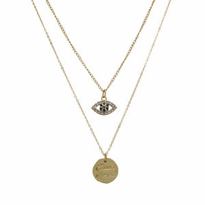 Razare Necklace Evil Eye Coin Charm Two Rows Necklace: 18K Gold Plated