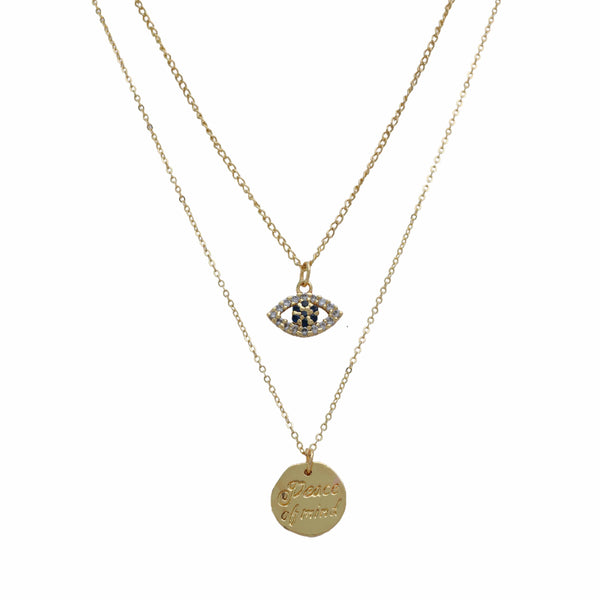 Razare Necklace Evil Eye Coin Charm Two Rows Necklace: 18K Gold Plated