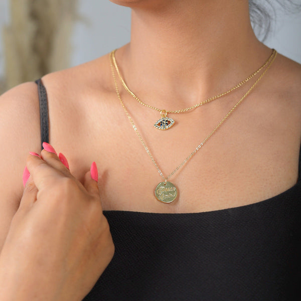 Razare Necklace Evil Eye Coin Charm Two Rows Necklace: 18K Gold Plated