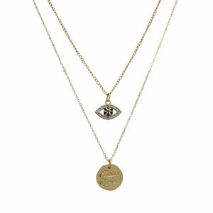 Razare Necklace Evil Eye Coin Charm Two Rows Necklace: 18K Gold Plated