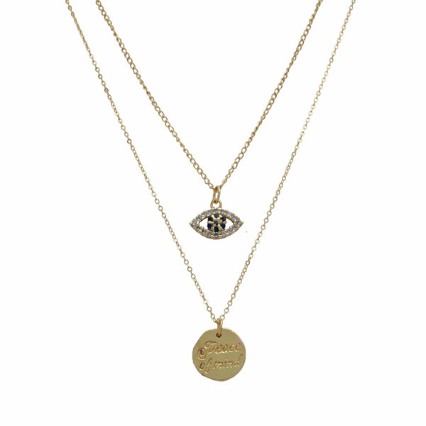 Razare Necklace Evil Eye Coin Charm Two Rows Necklace: 18K Gold Plated