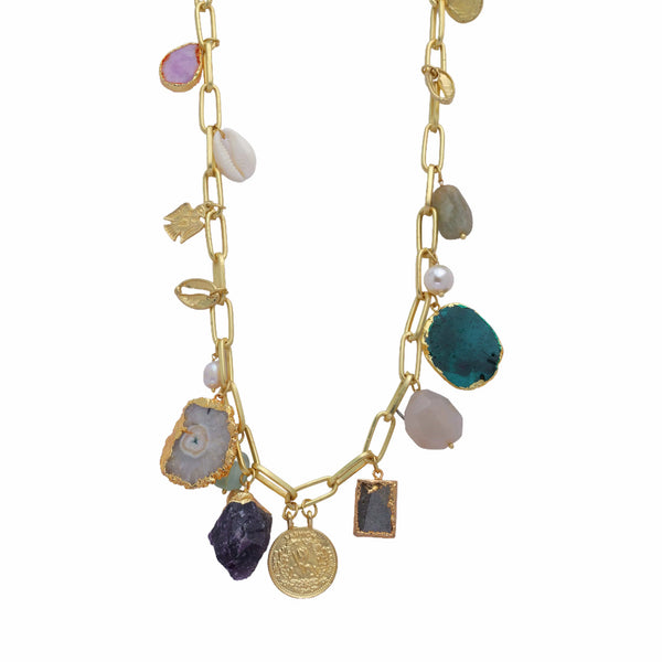 Razare Necklace Natural Stone Coin Statement Charm Necklace: 18K Gold Plated