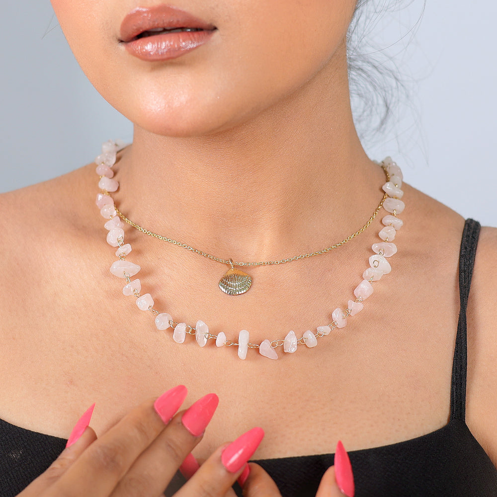 Razare Necklace Shell Charm Uncut Stones Two Row Necklace