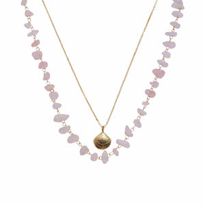 Razare Necklace Shell Charm Uncut Stones Two Row Necklace