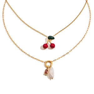 Razare Necklace Teesta Cherry Charm Layered Necklace for Women | Dual Layer Gold Chain with Pearl & Gem Pendant | Cute Aesthetic Statement Jewelry