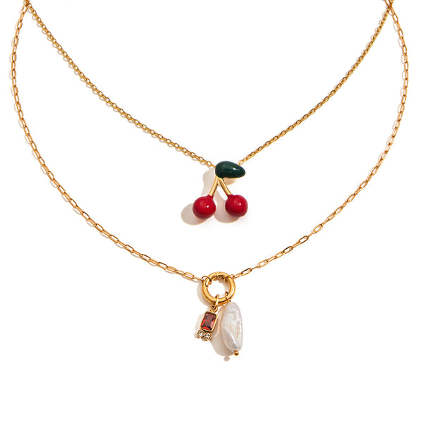 Razare Necklace Teesta Cherry Charm Layered Necklace for Women | Dual Layer Gold Chain with Pearl & Gem Pendant | Cute Aesthetic Statement Jewelry