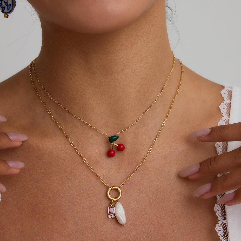 Razare Necklace Teesta Cherry Charm Layered Necklace for Women | Dual Layer Gold Chain with Pearl & Gem Pendant | Cute Aesthetic Statement Jewelry