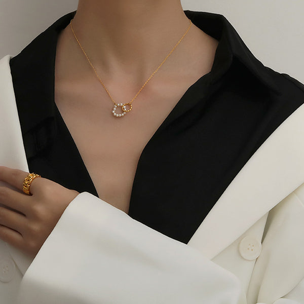 Razare Necklace Teesta Dual Circle Pearl Pendant Necklace for Women | Gold-Plated Minimalist Chain | Elegant Daily Wear & Party Jewelry