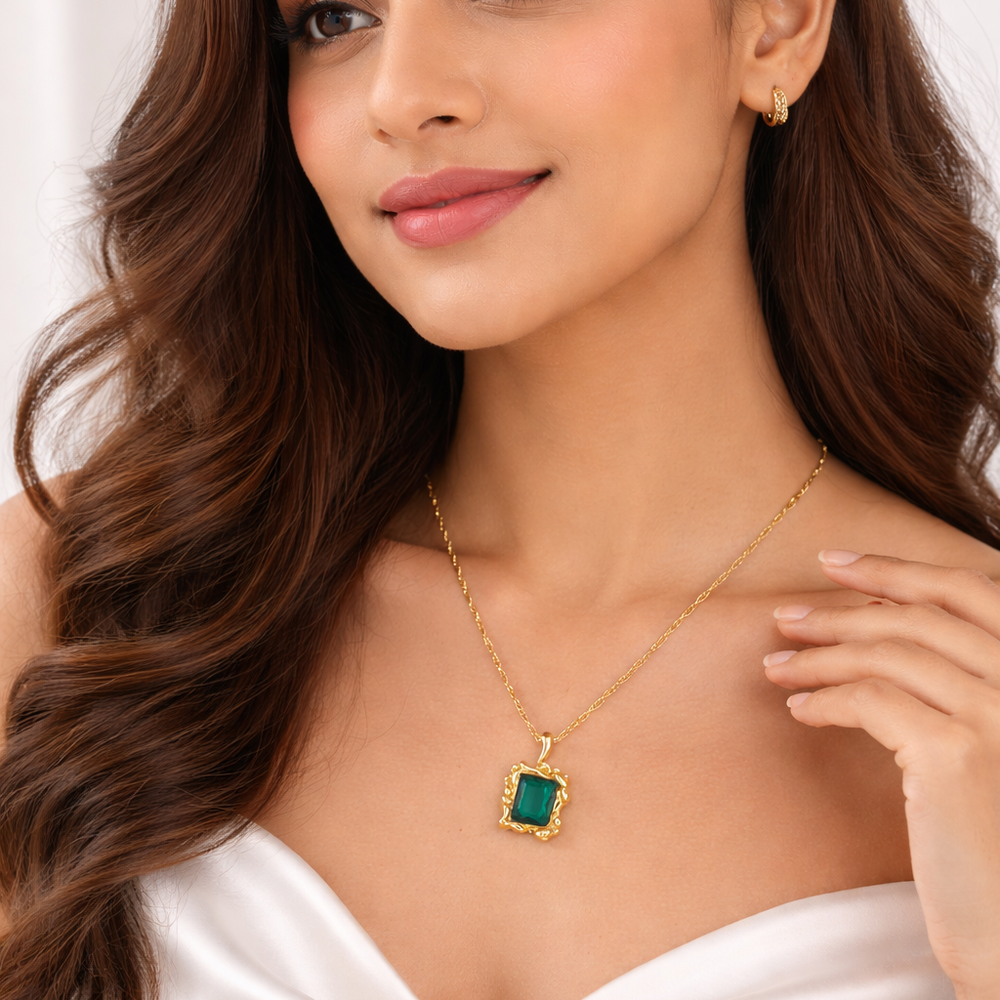 Razare Necklace Teesta Elegant Emerald Green Pendant Necklace for Women | Gold-Plated Designer Statement Jewelry | Party, Wedding & Daily Wear