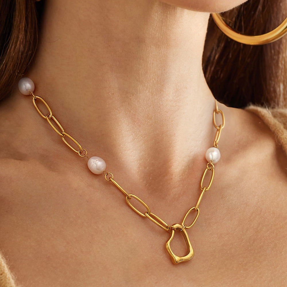 Razare Necklace Teesta Gold Link Pearl Statement Necklace for Women | Minimal Irregular Pendant Chain with Pearl Accents | Waterproof Anti-Tarnish Jewelry